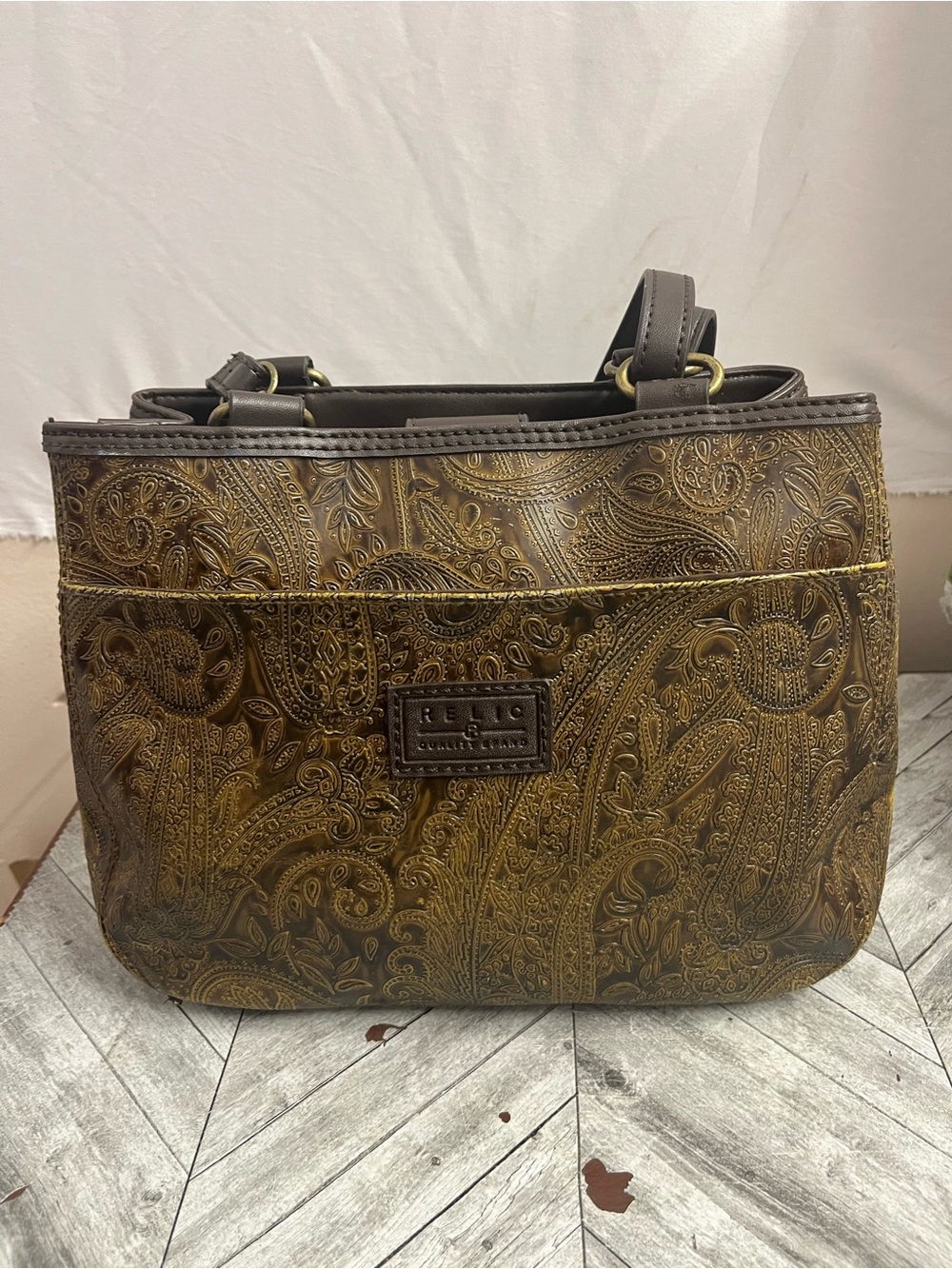 Relic Brown and Gold Embossed Paisley Shoulder Bag